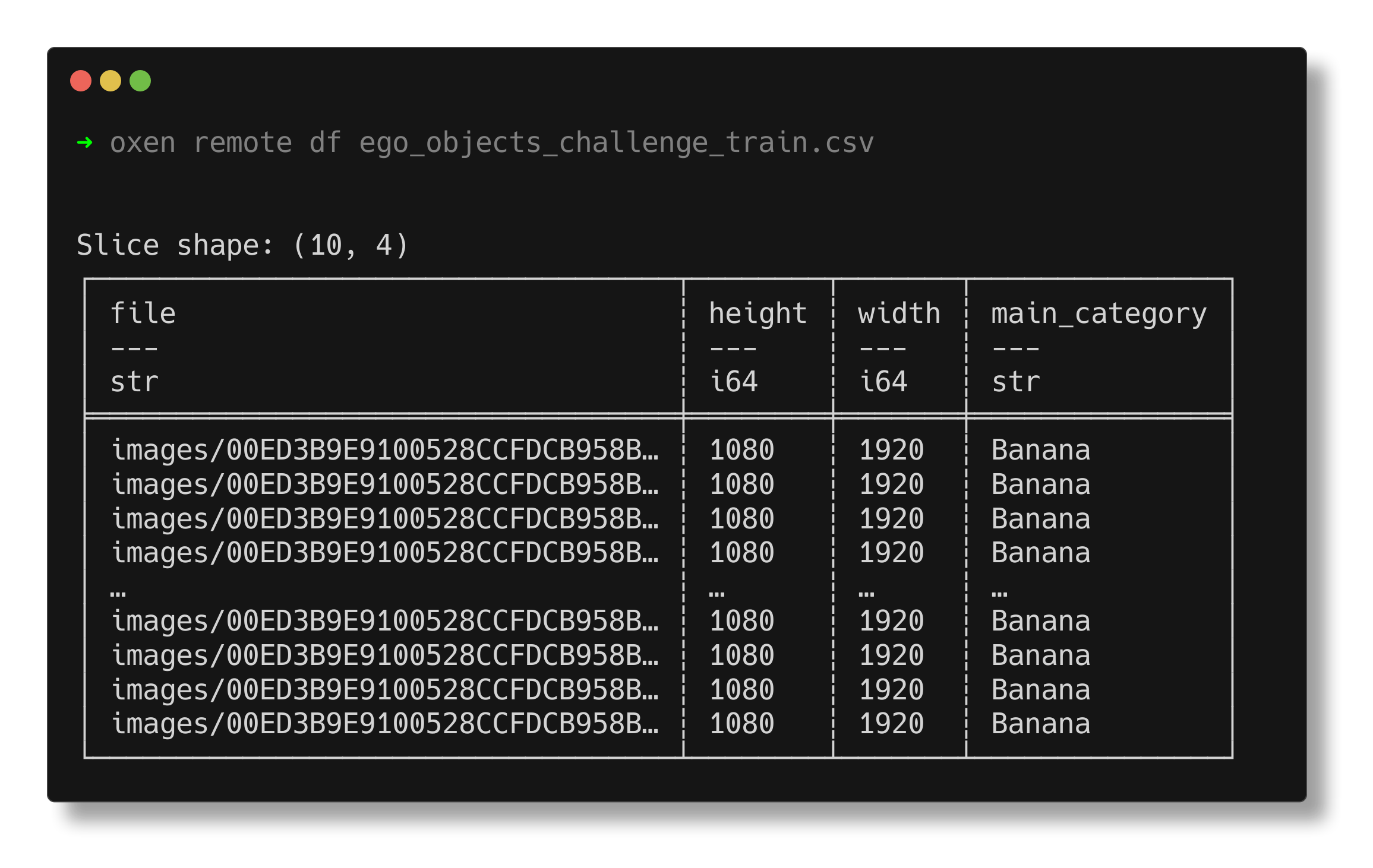 Terminal screenshot showing a dataframe as the output of "oxen remote df ego_objects_challenge.train.csv"