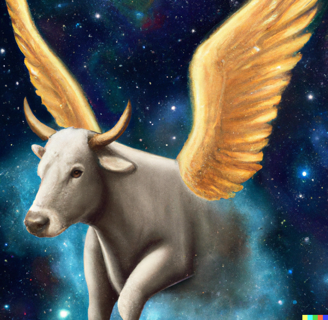 A rendering of an winged ox in space