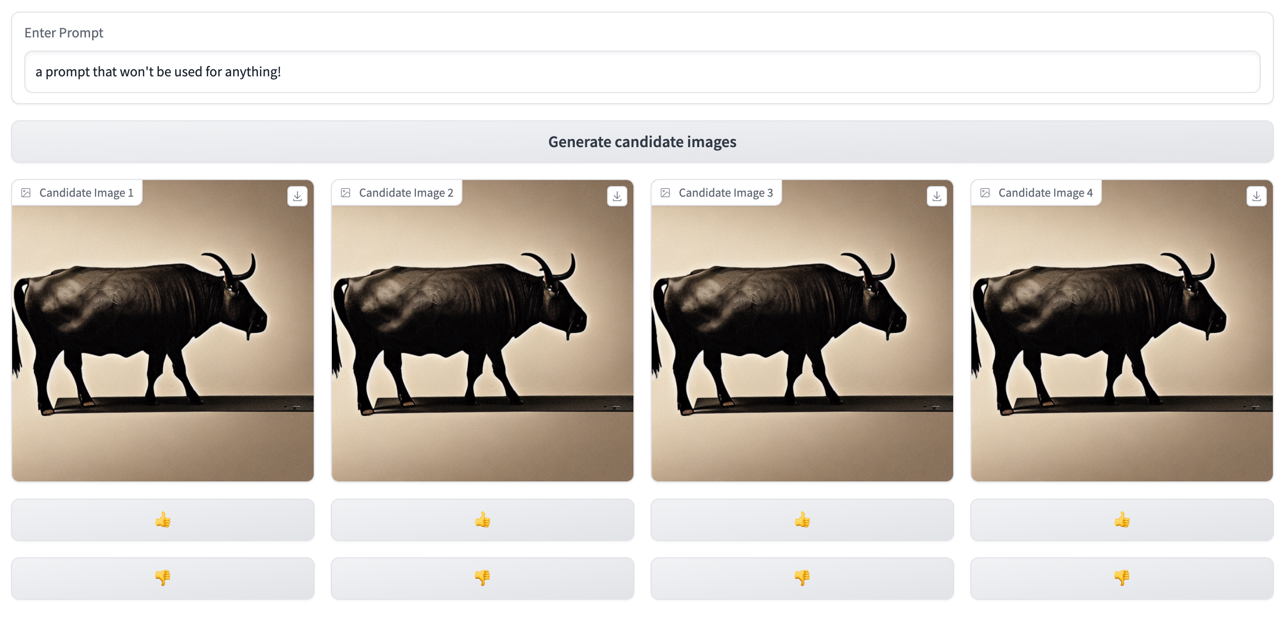An image of a UI with four identical Ox images and associated up and downvote buttons
