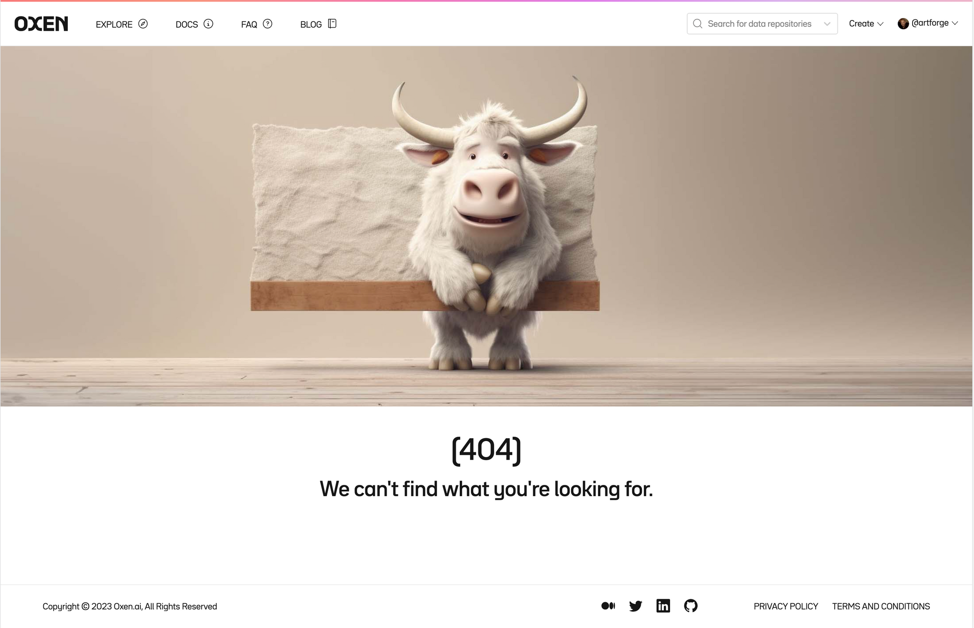 The 404 Not Found page for oxen.ai, showing a cute cartoon ox