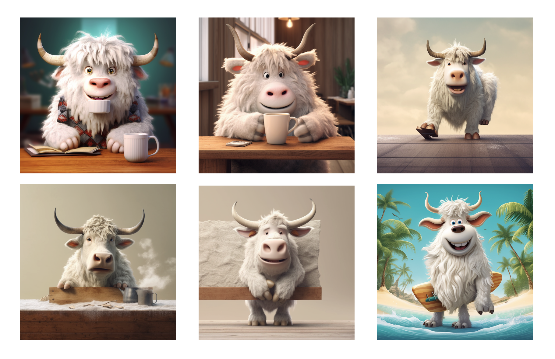 Six AI-generated fluffy ox images