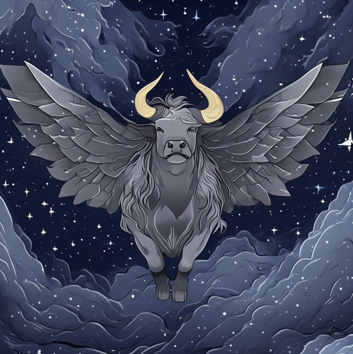 An AI-generated image of a purple, magestic, winged space ox